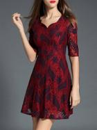 Shein Burgundy V Neck Color Block Lace Dress