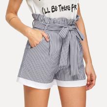 Shein Frill Trim Self Tie Waist Striped Shorts