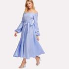 Shein Pearl Beading Gathered Sleeve Pinstripe Dress