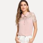 Shein Tie Neck Collar Lace Contrast Top