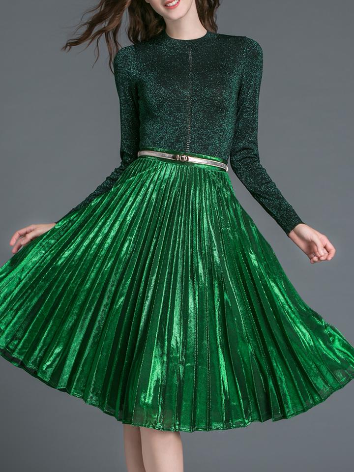 Shein Green Pleated Velvet Belted Top With Skirt