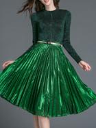 Shein Green Pleated Velvet Belted Top With Skirt