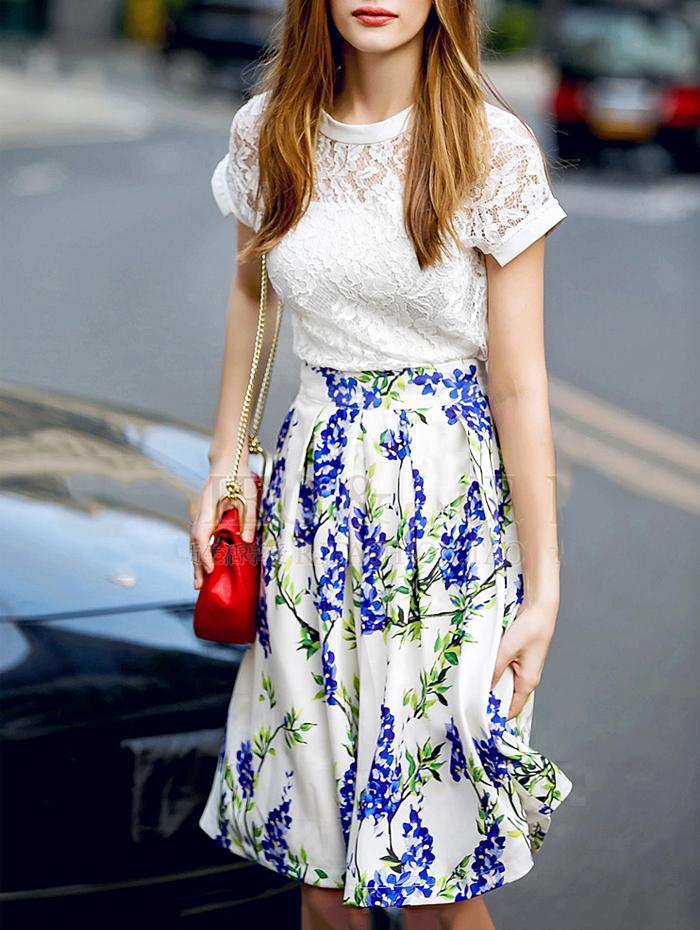 Shein White Round Neck Short Sleeve Contrast Lace Print Dress