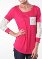 Rosewe Lace Splicing Round Neck Red T Shirt