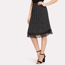 Shein Lace Hem Pleated Polka Dot Skirt
