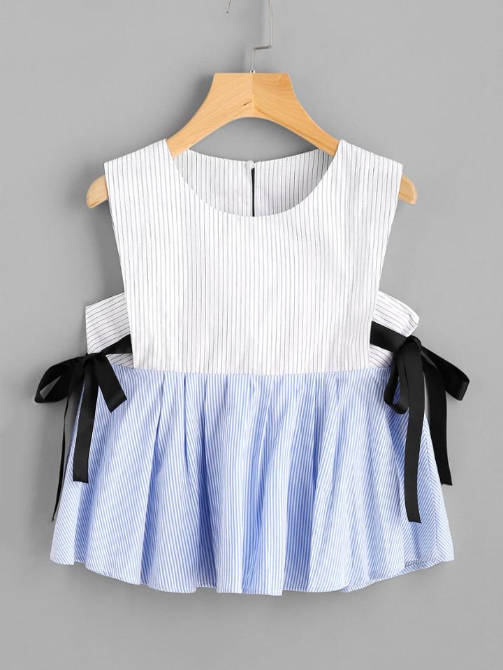 Shein Pinstriped Top With Ribbon Bow Tie Detail