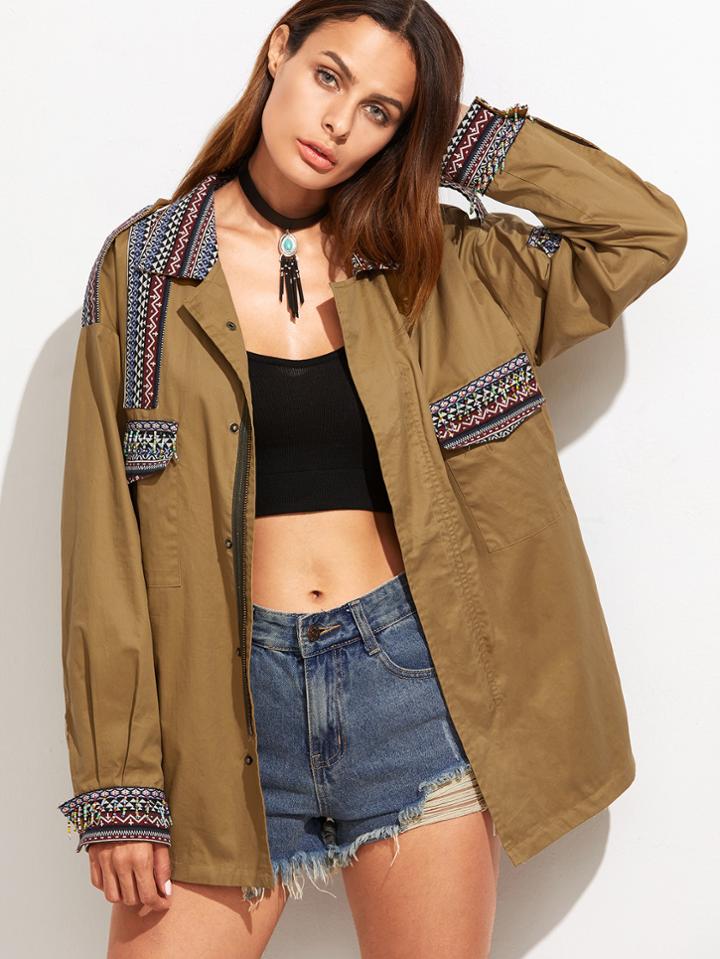 Shein Khaki Embroidered Tape Detail Pocket Jacket