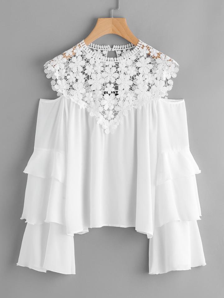 Shein Guipure Lace Yoke Tiered Bell Sleeve Top