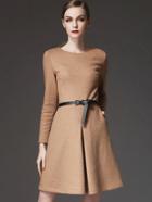 Shein Camel Round Neck Long Sleeve Drawstring Pockets Dress