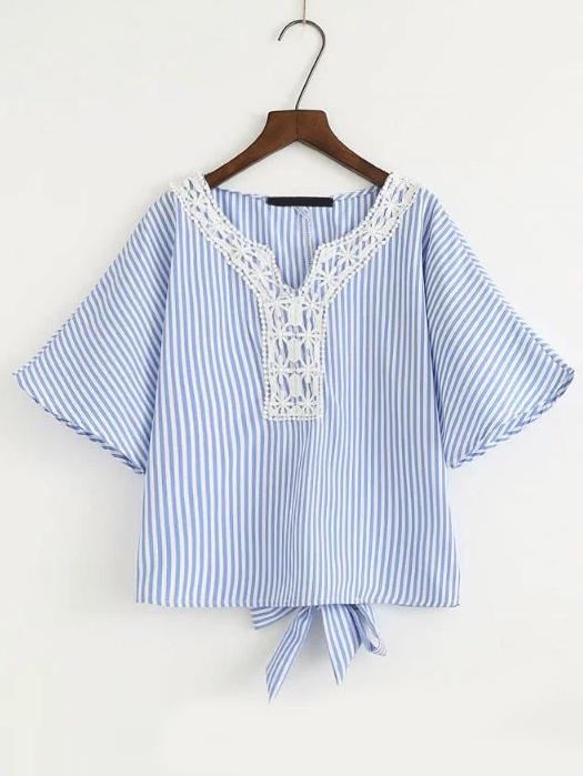 Shein Bell Sleeve Crochet Trim Knot Back Blouse