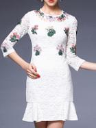 Shein White Applique Pouf Frill Lace Dress