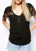 Rosewe Stylish Short Sleeve Black T Shirt With Tassels