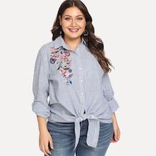 Shein Plus Knot Hem Embroidered Blouse