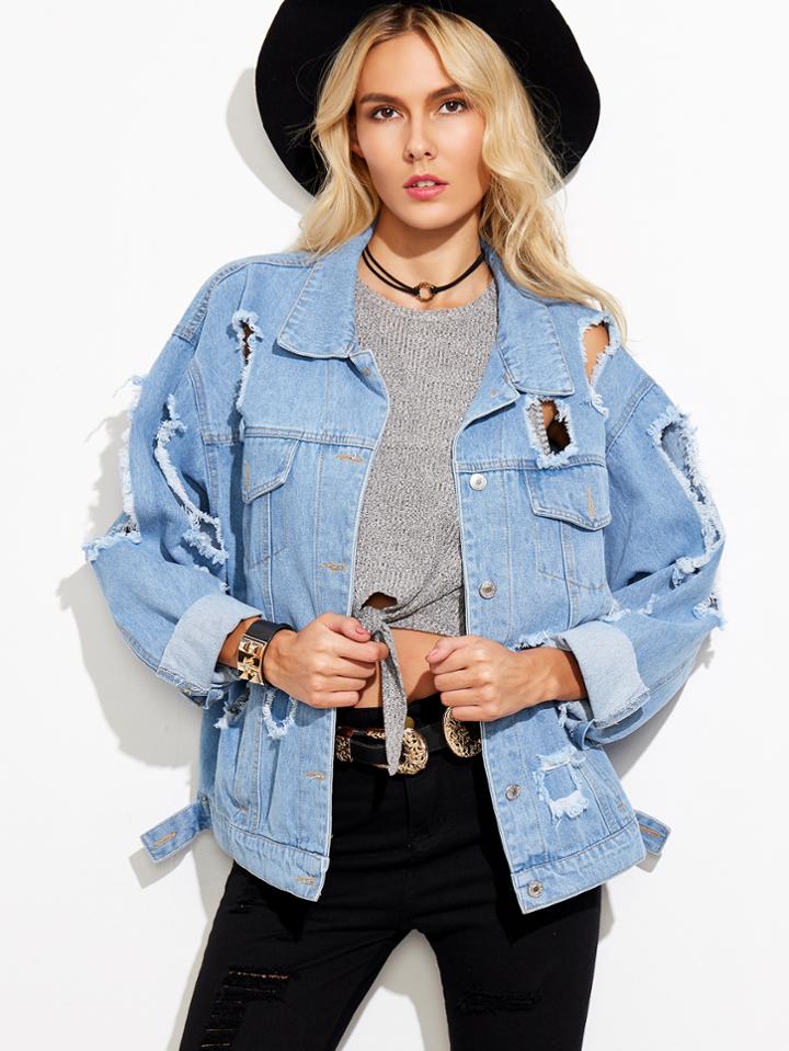 Shein Blue Ripped Denim Jacket