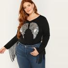 Shein Plus Sequin Patched Front Fringe Sleeve Tee