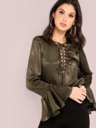 Shein Pearl Satin Lace Up Blouse Olive