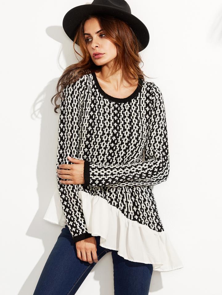 Shein Black And White Asymmetric Sweater With Contrast Ruffle Trim
