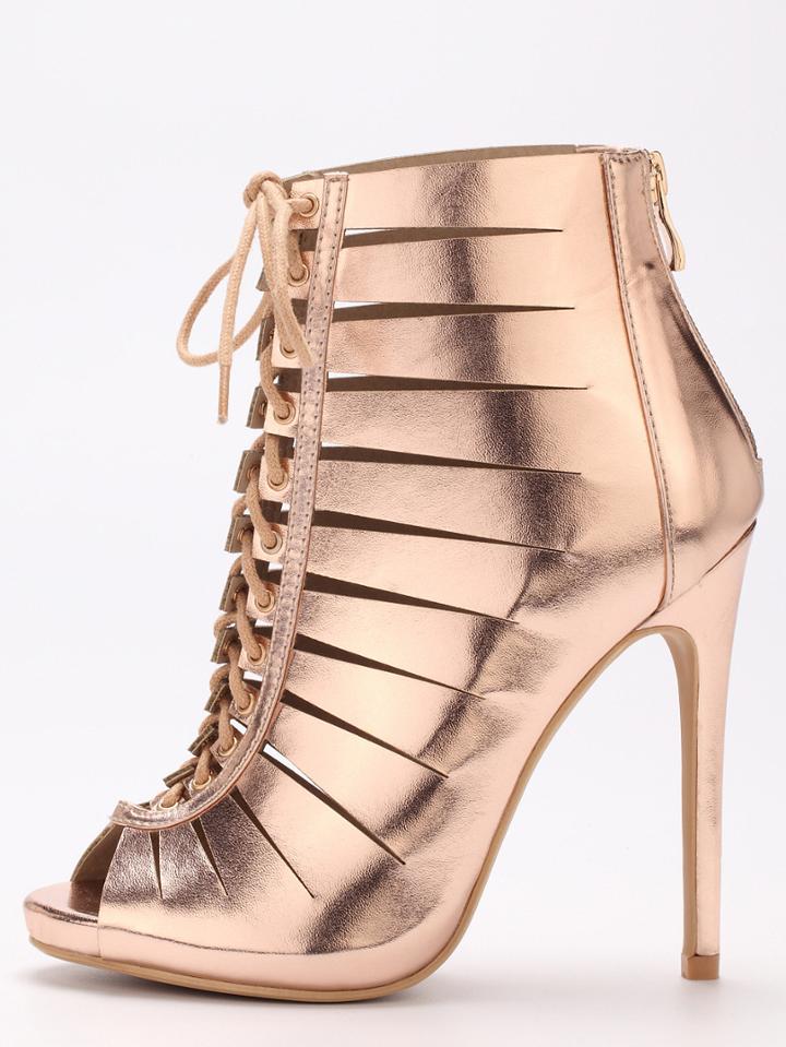 Shein Rose Gold Peep Toe Zipper Lace Up Stiletto Heels