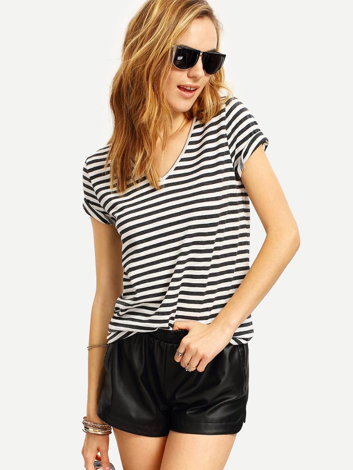 Shein Grey White Striped Short Sleeve T-shirt