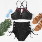 Shein Rose Print Lace Up Bikini Set