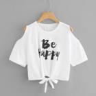 Shein Open Shoulder Knot Front Letter Print Tee
