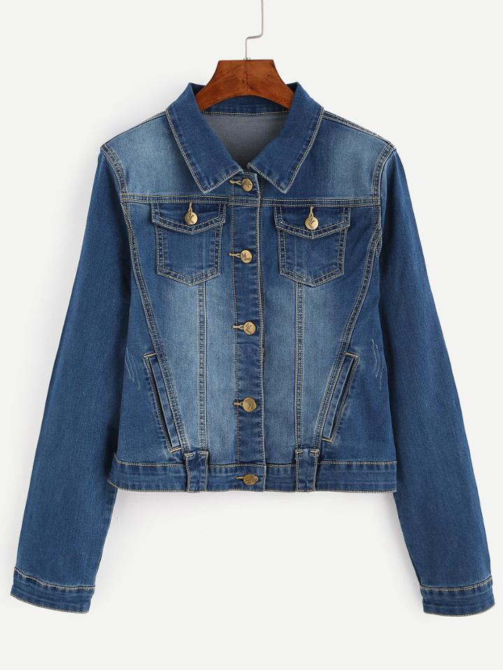 Shein Navy Buttons Long Sleeve Denim Jacket