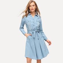 Shein Rolled Up Sleeve Belted Shirt Dress