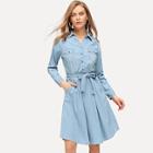 Shein Rolled Up Sleeve Belted Shirt Dress