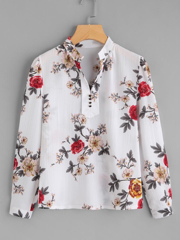 Shein Flower Print Mock Neck Button Front Shirt