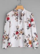 Shein Flower Print Mock Neck Button Front Shirt