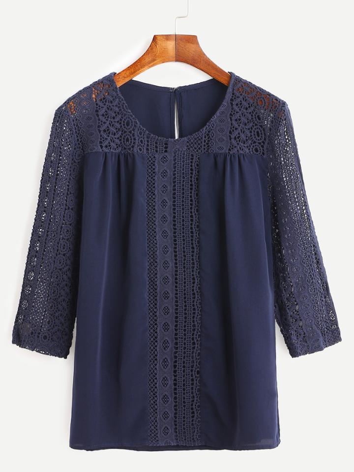 Shein Navy Crochet Insert Keyhole Back Blouse