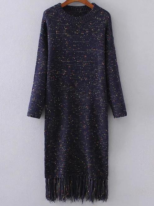 Shein Drop Shoulder Fringe Hem Space Dye Knit Dress