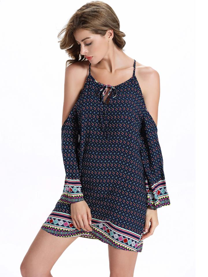 Shein Navy Tribal Print Cold Shoulder Keyhole Tie Neck Dress