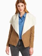 Shein Camel Faux Shearling Jacket With Contrast Oversized Drape Collar