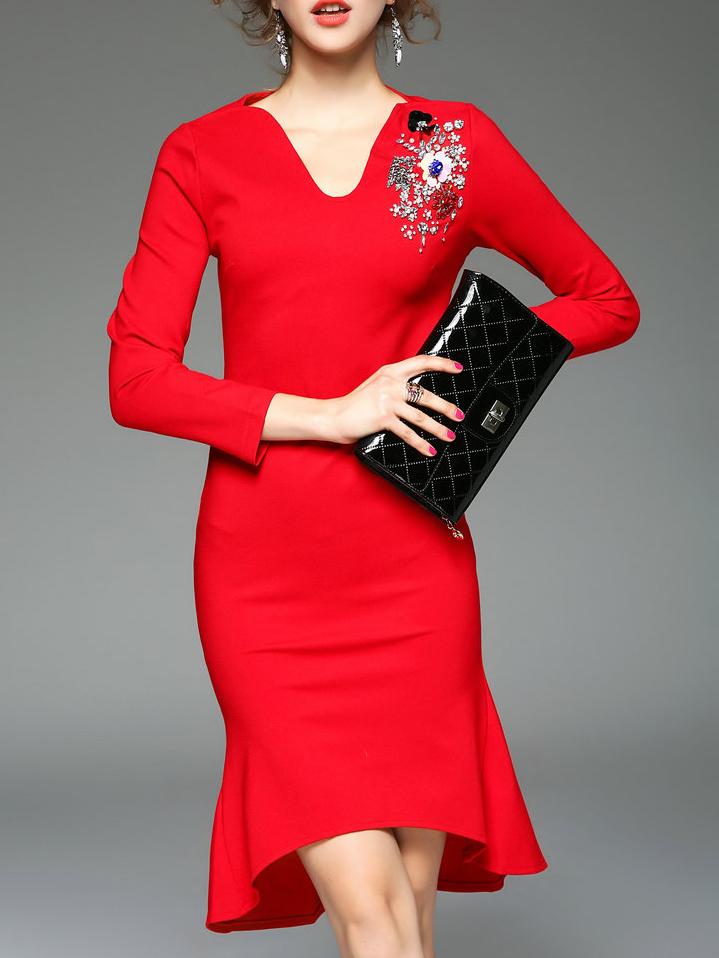Shein Red V Neck Beading Frill Dress