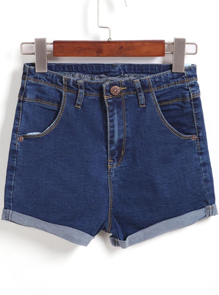 Shein Navy Pockets Flange Denim Shorts