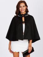 Shein Pearl And Frilled Neck Bow Tied Front Poncho Coat