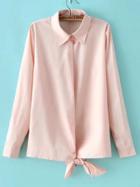 Shein Pink Lapel Long Sleeve Knotted Blouse