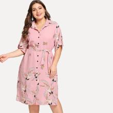 Shein Plus Cranes Print Slit Side Shirt Dress
