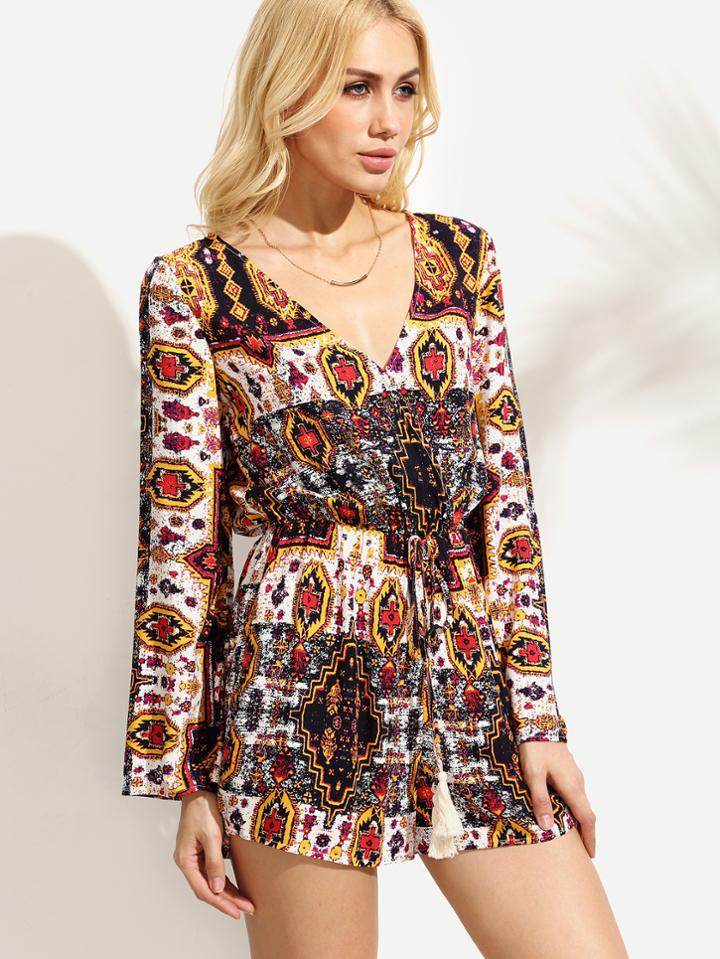Shein Deep V Neck Tribal Print Drawstring Waist Fringe Romper