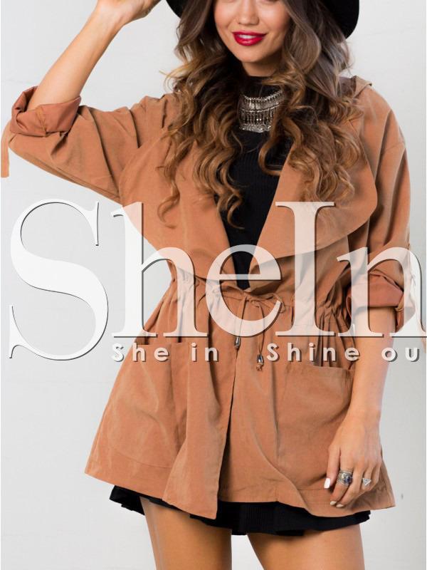 Shein Orange Hooded Lapel Drawstring Coat