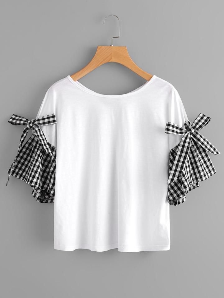 Shein Bow Tie Gingham Bell Sleeve Tee