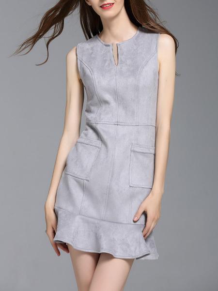 Shein Grey Pockets Shift Frill Dress