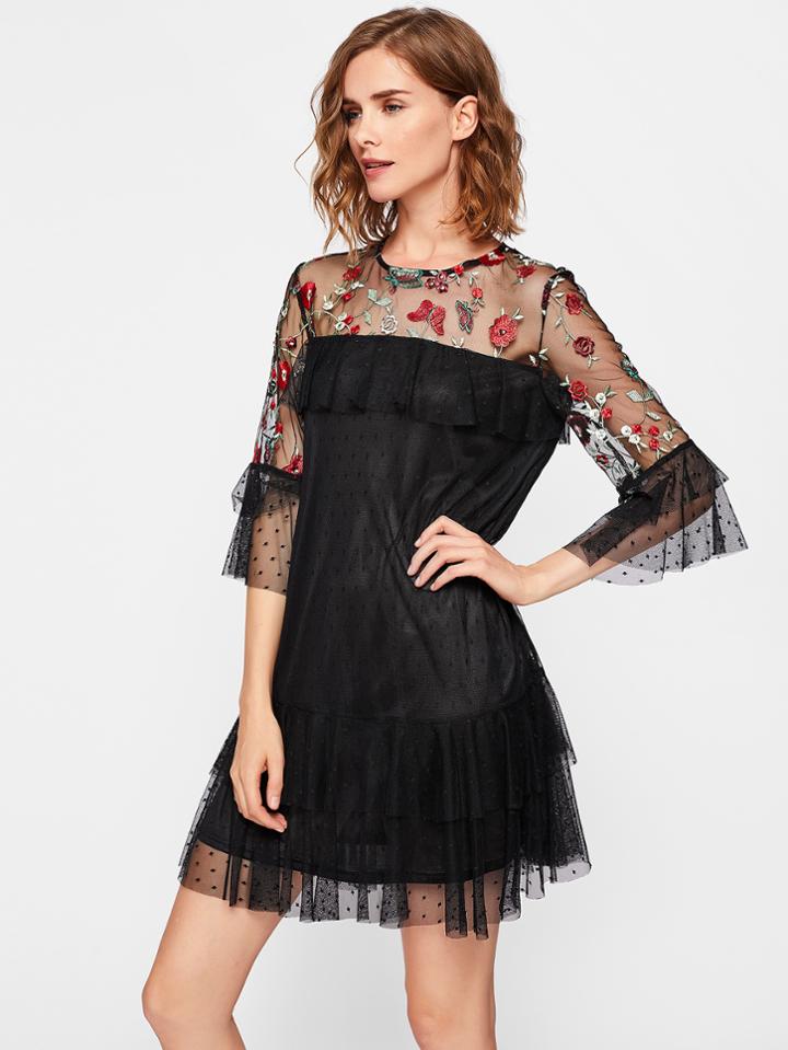 Shein Embroidered Illusion Neck Tiered Dot Mesh Dress