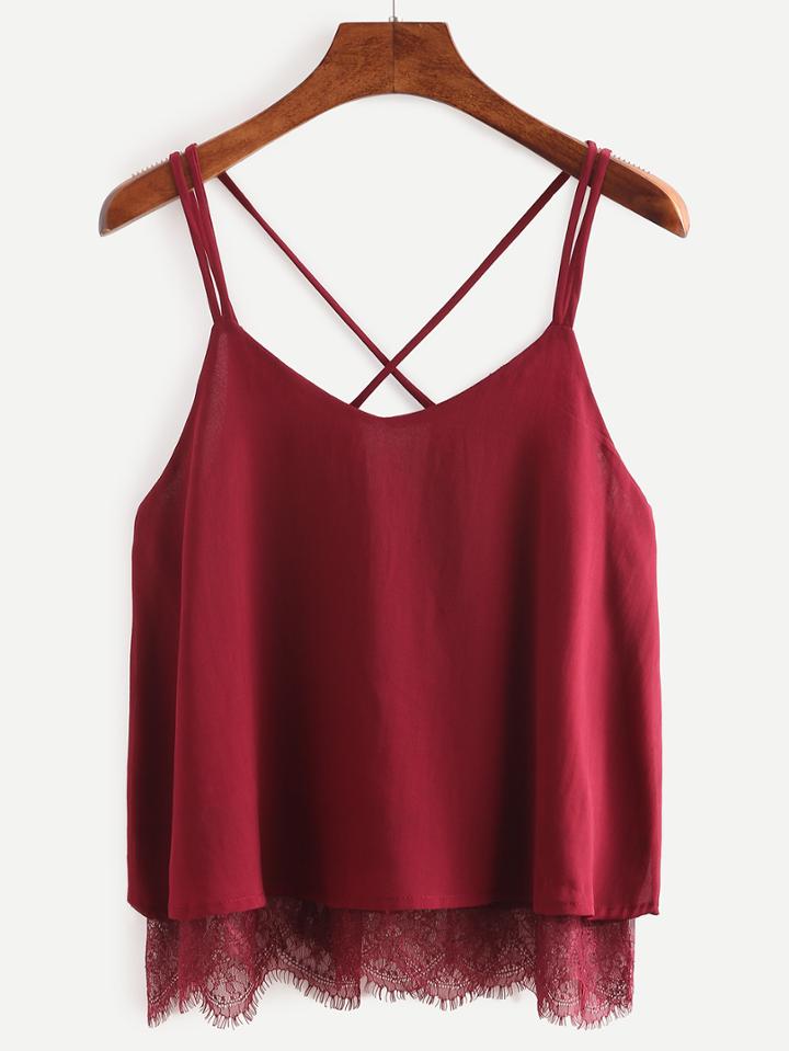 Shein Lace Trimmed Crisscross Chiffon Cami Top - Burgandy