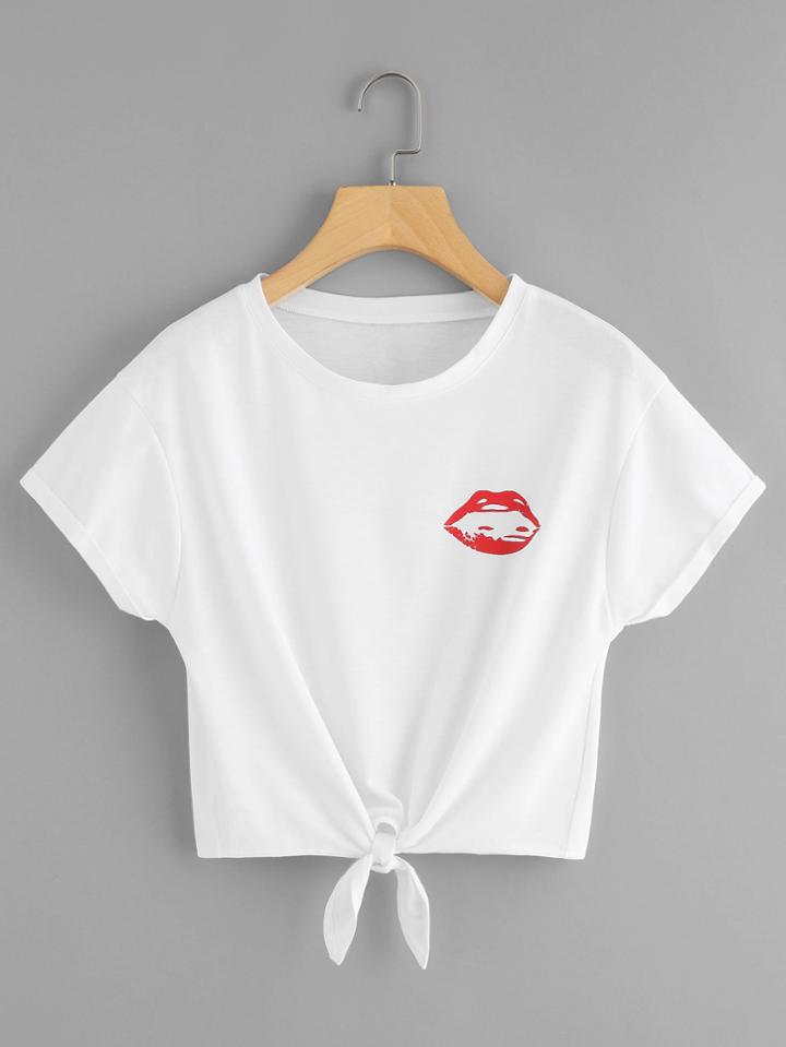 Shein Red Lip Print Knot Top