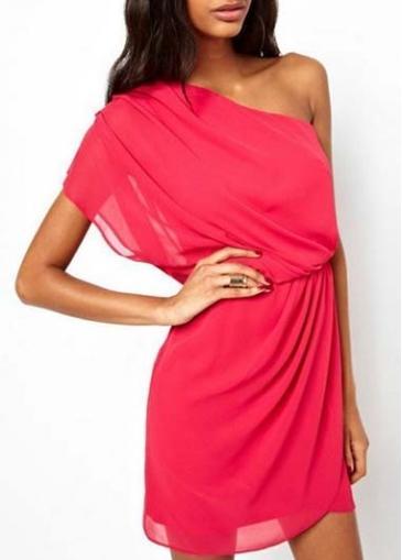 Rosewe Stacked Rose Elastic Waist Chiffon One Shoulder Dress