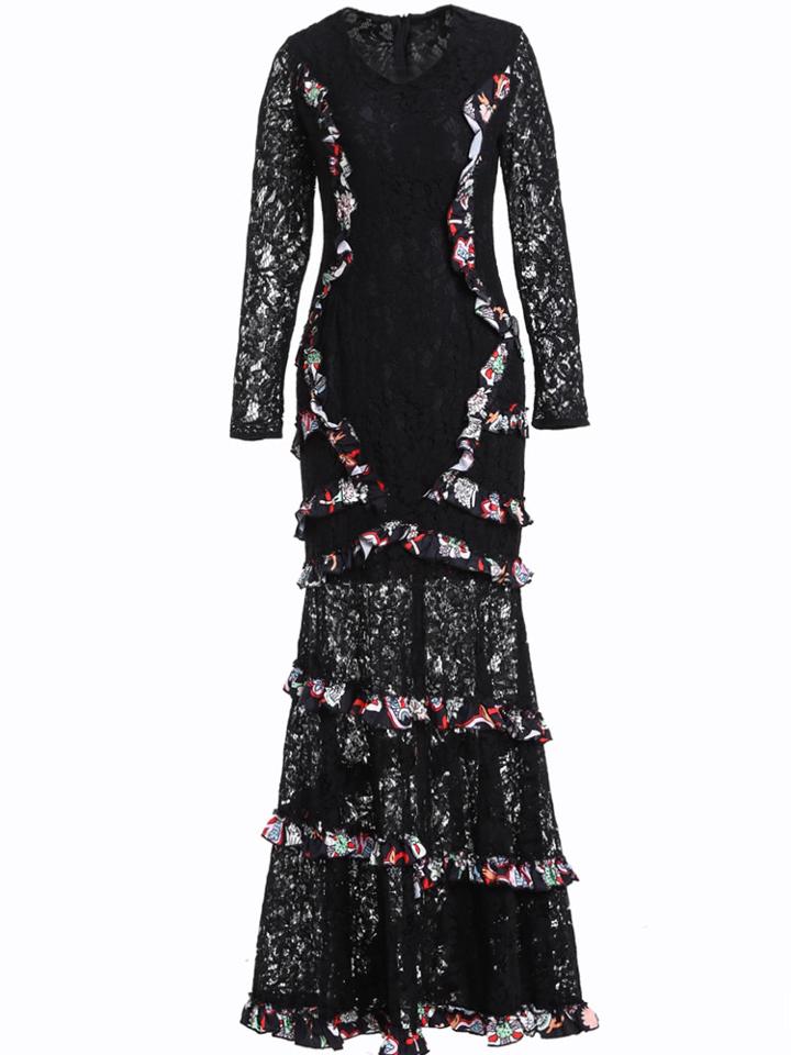 Shein V Neck Flounce Print Lace Dress