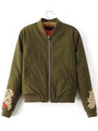 Shein Army Green Floral Embroidery Zipper Up Jacket