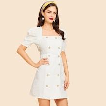 Shein Double Button Puff Sleeve Dress
